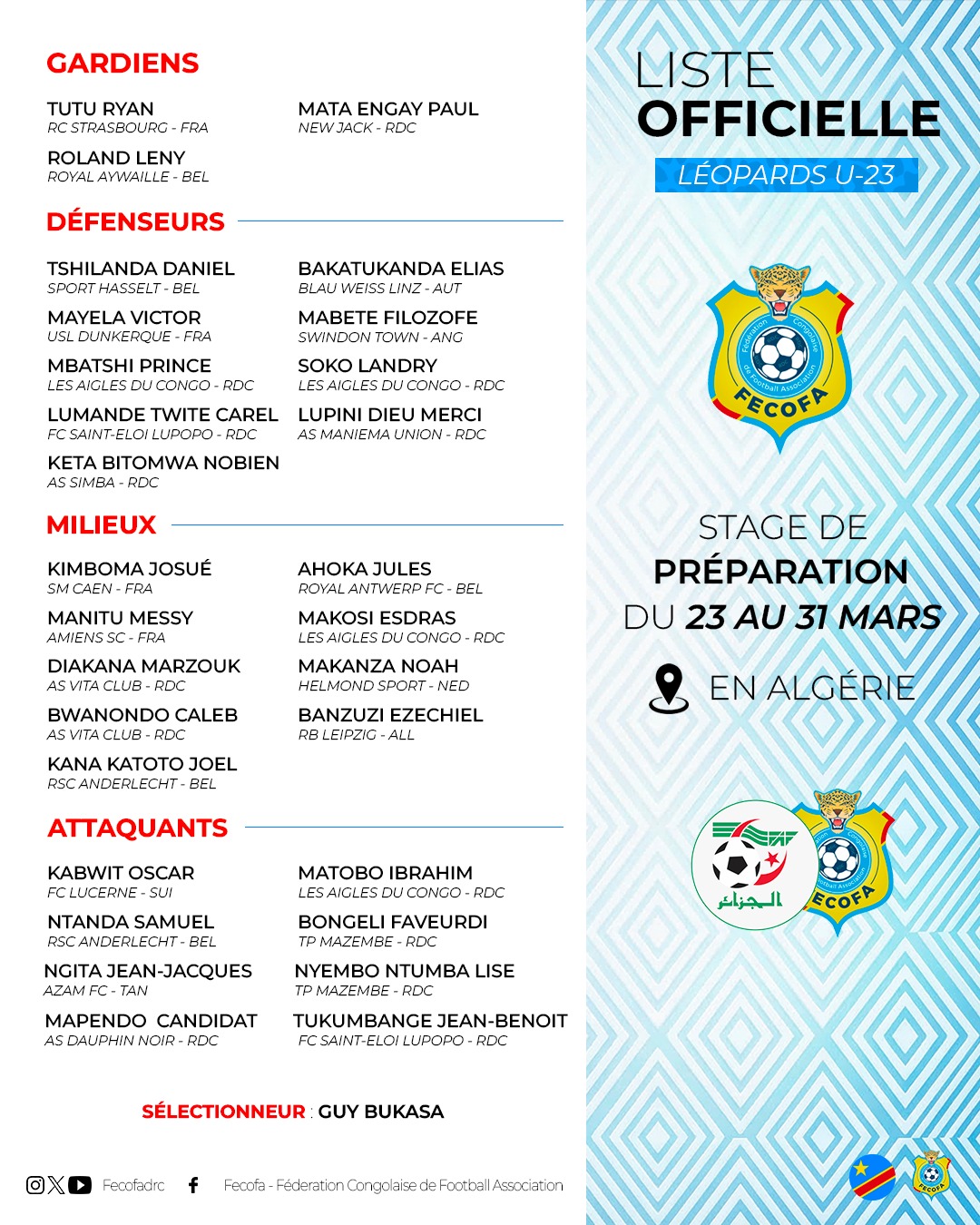 Les Léopards U23 en stage en Algérie pour préparer les échéances continentales